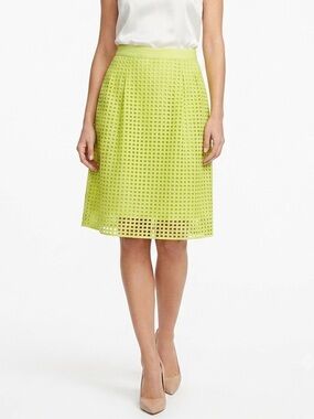 Ann Taylor Loft Cotton Yellow Chartreuse Eyelet Midi Skirt Size 10